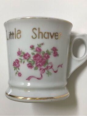 Shaving Mug FOR A LITTLE SHAVER Girl’s White Pink Roses Bouquet Ribbons Vintage